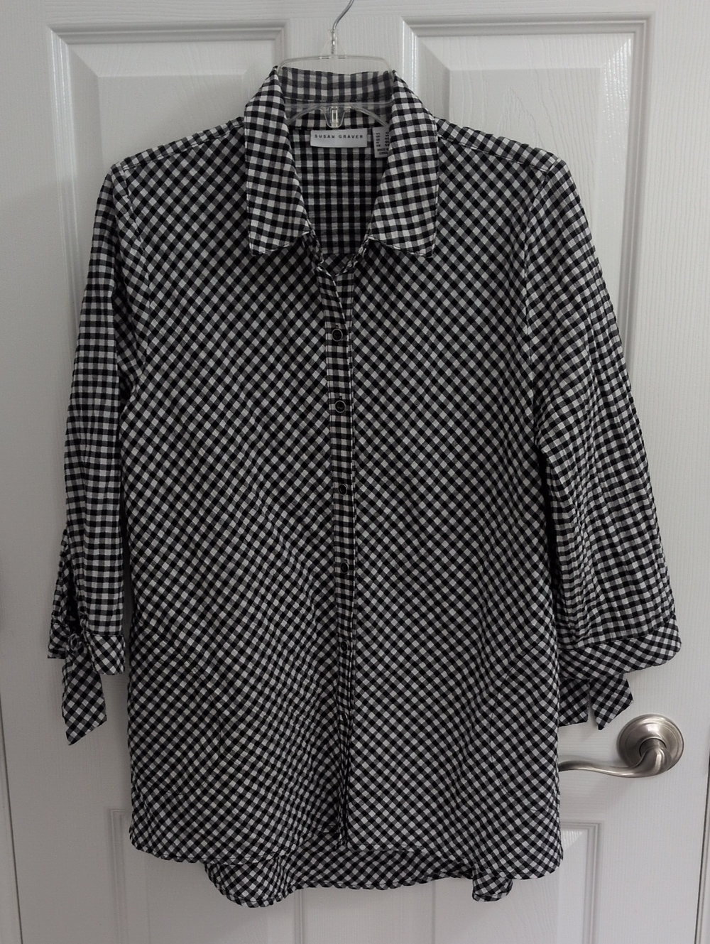 Susan Graver Black & White Gingham 3/4 Sleeve Button Down - 10
